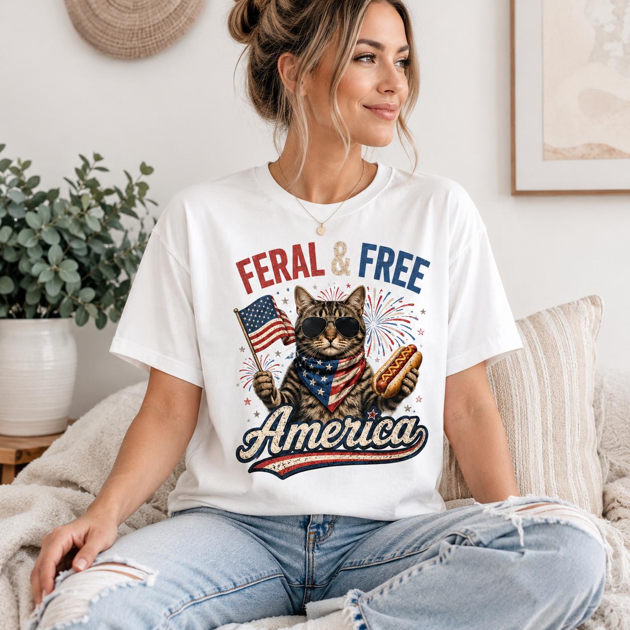 Feral & Free Cat America Shirt, Comfort Colors Patriotic Hotdog Tee