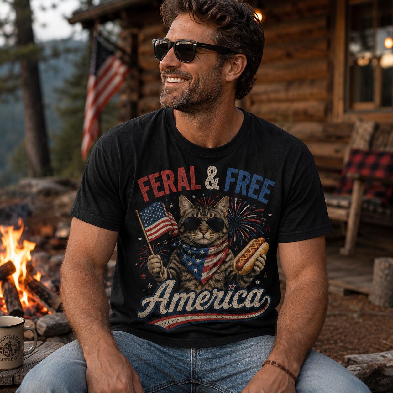 Feral & Free Cat America Shirt, Comfort Colors Patriotic Hotdog Tee