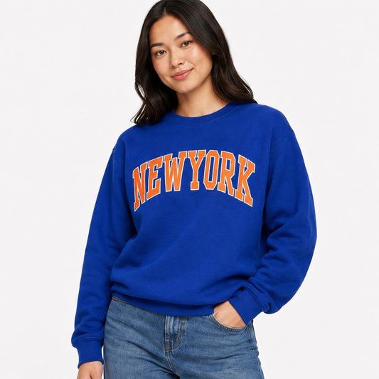 New York Classic Raglan Wide-Collar applique Crewneck Sweatshirt, Unisex Streetwear Pullover Sweater