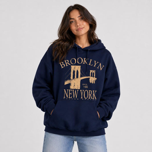New York Brooklyn Bridge Hoodie | Vintage Graphic Fleece Pullover Sweater
