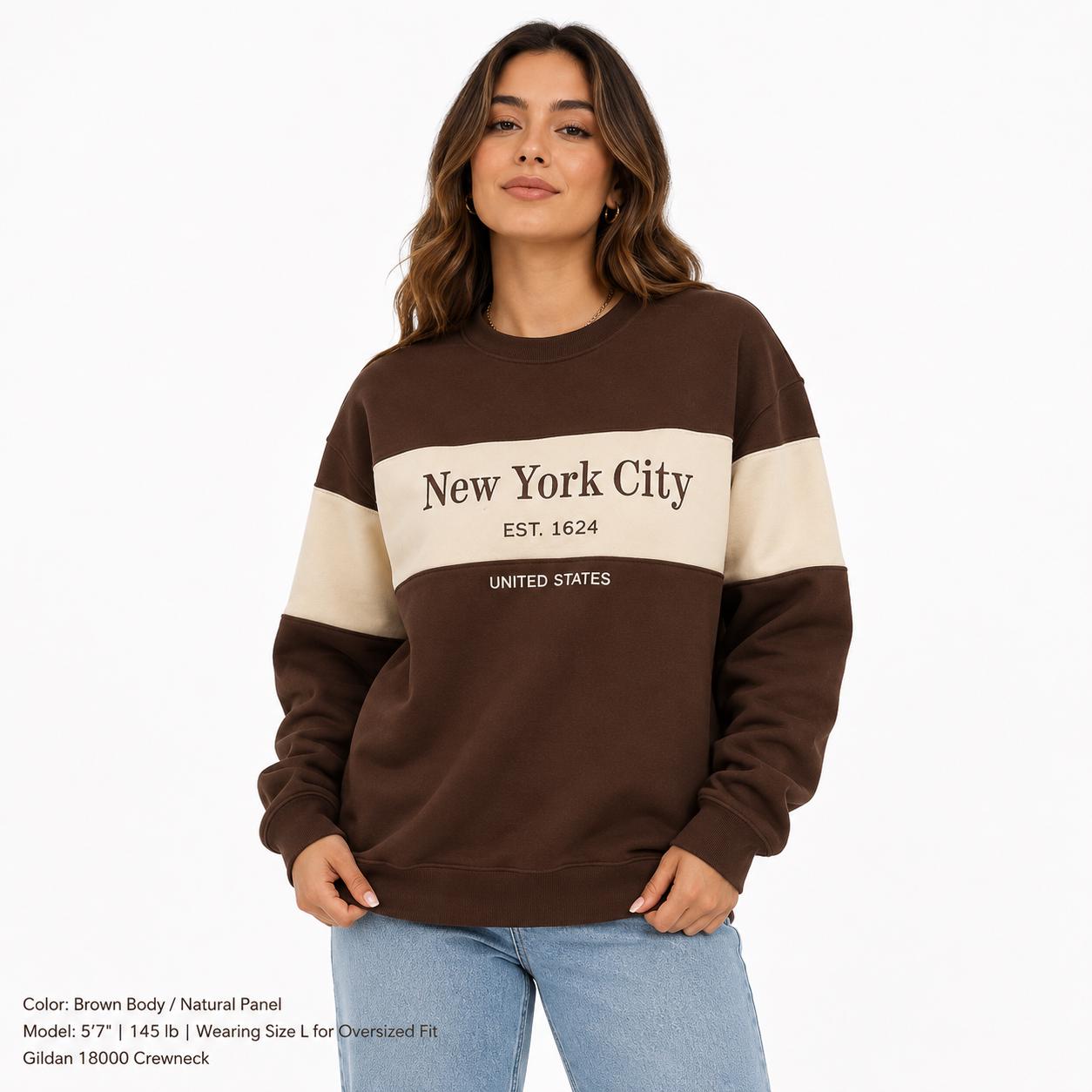 New York City Colorblock embroidered Crewneck Sweatshirt, Est 1624 Graphic Pullover