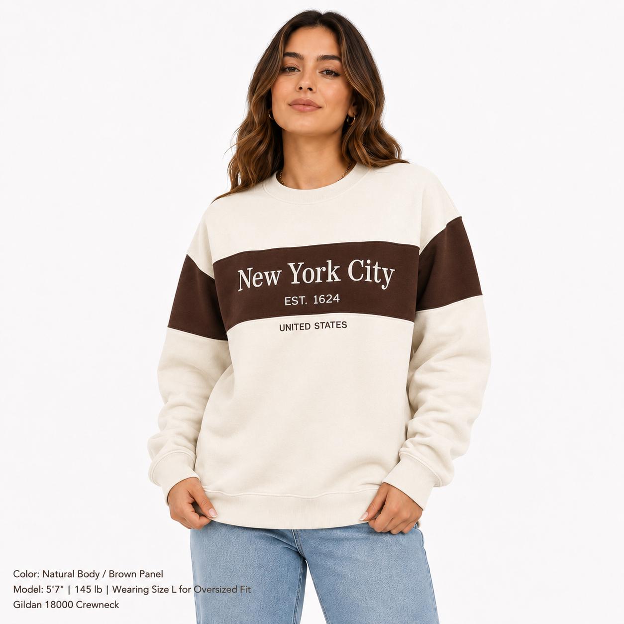 New York City Colorblock embroidered Crewneck Sweatshirt, Est 1624 Graphic Pullover