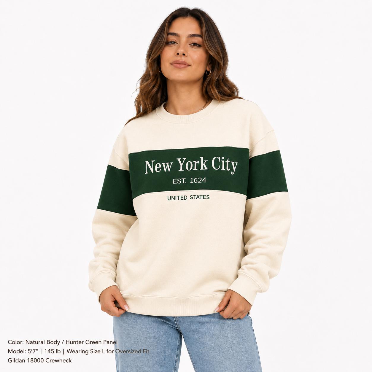New York City Colorblock embroidered Crewneck Sweatshirt, Est 1624 Graphic Pullover