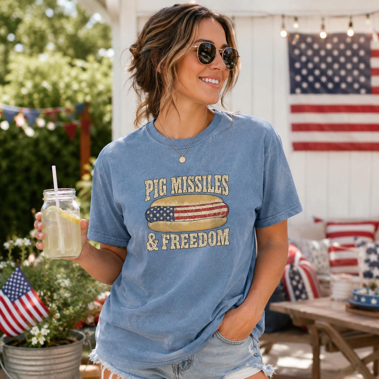 Patriotic Hot Dog Shirt, Pig Missiles Freedom Tee, USA Independence Day Comfort Colors