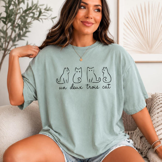 Un Deux Trois Cat Shirt, Minimalist French Cat Lover Tee, Comfort Colors 1717