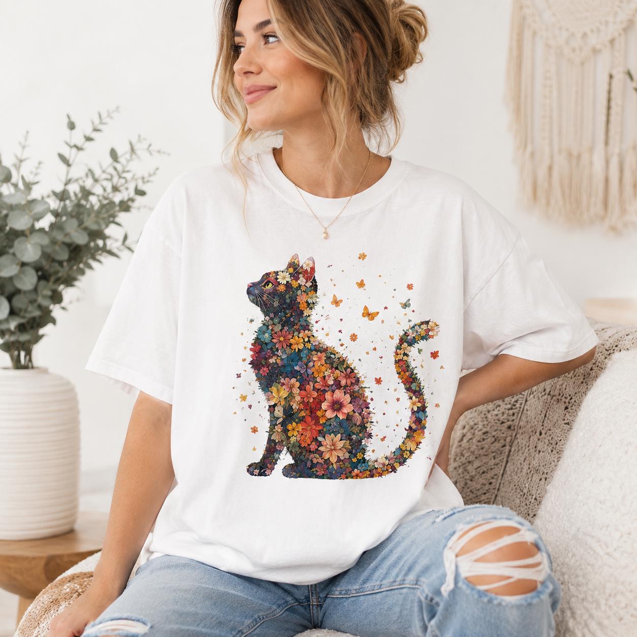 Botanical Cat Silhouette T-Shirt, Wildflower Floral Animal Tee