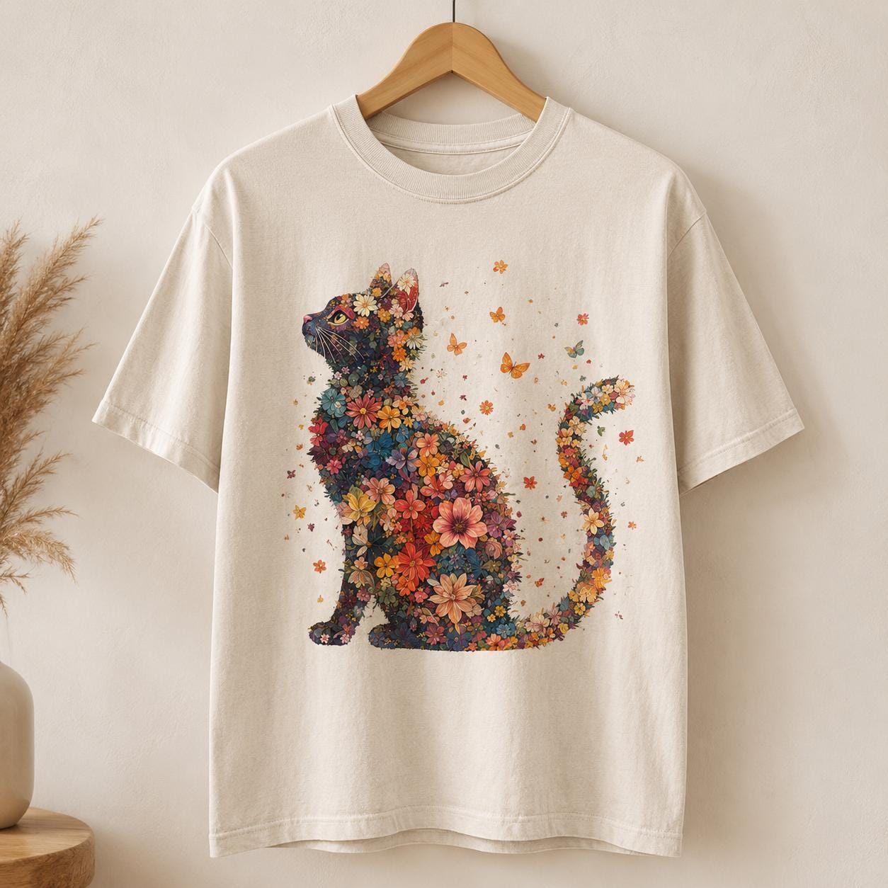 Botanical Cat Silhouette T-Shirt, Wildflower Floral Animal Tee