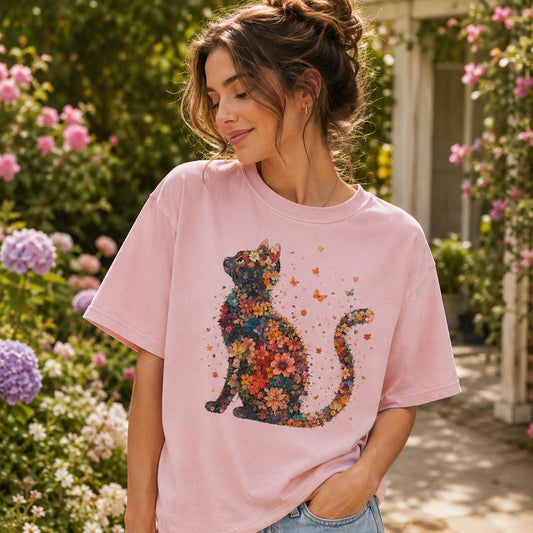 Botanical Cat Silhouette T-Shirt, Wildflower Floral Animal Tee
