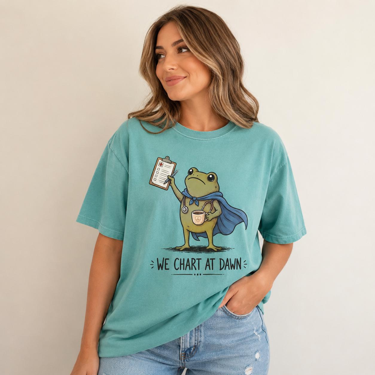Comfort Colors Frog Nurse Shirt, Funny RN We Chart At Dawn Tee