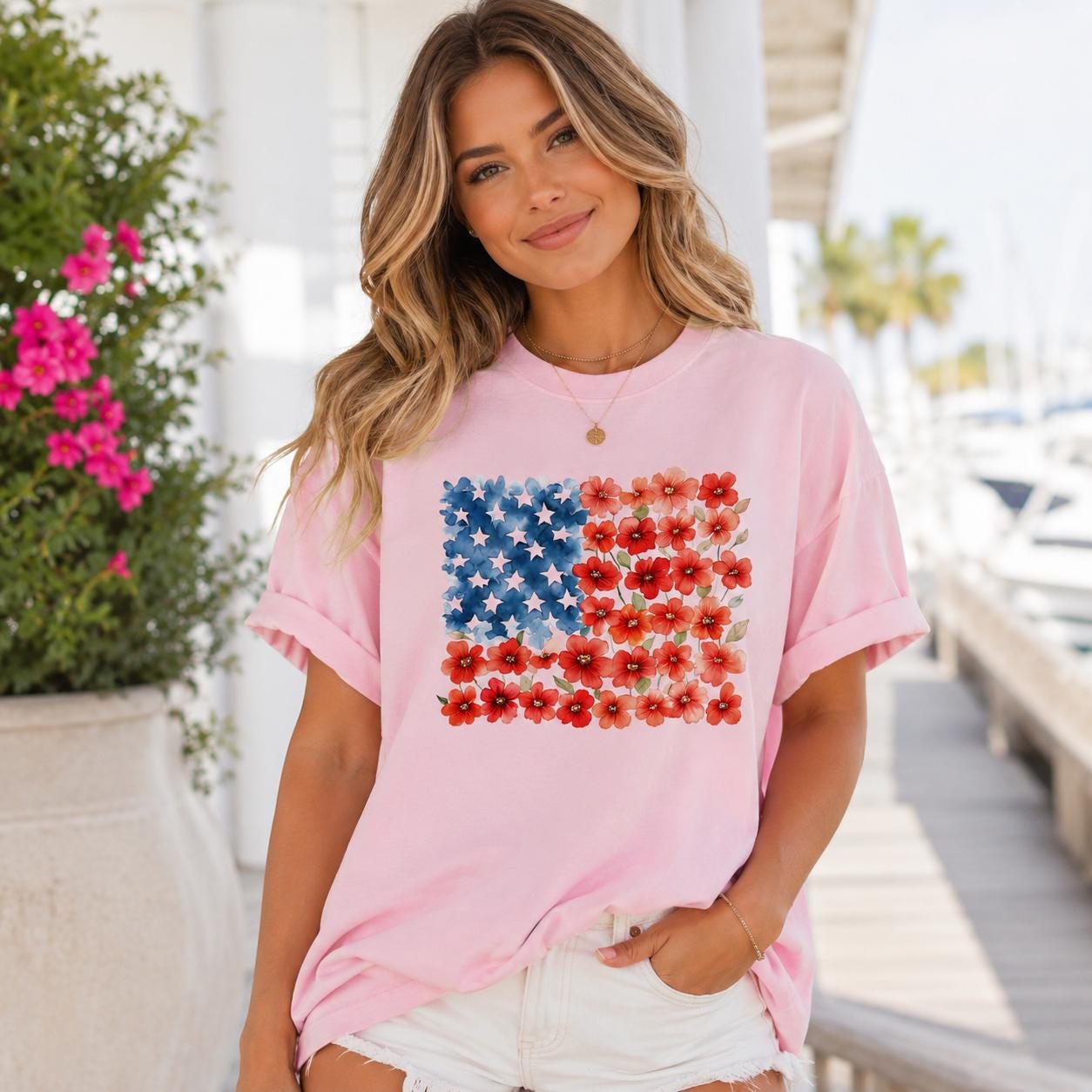Floral American Flag Shirt, Patriotic Flower Tee, Comfort Colors 1717 USA Flag