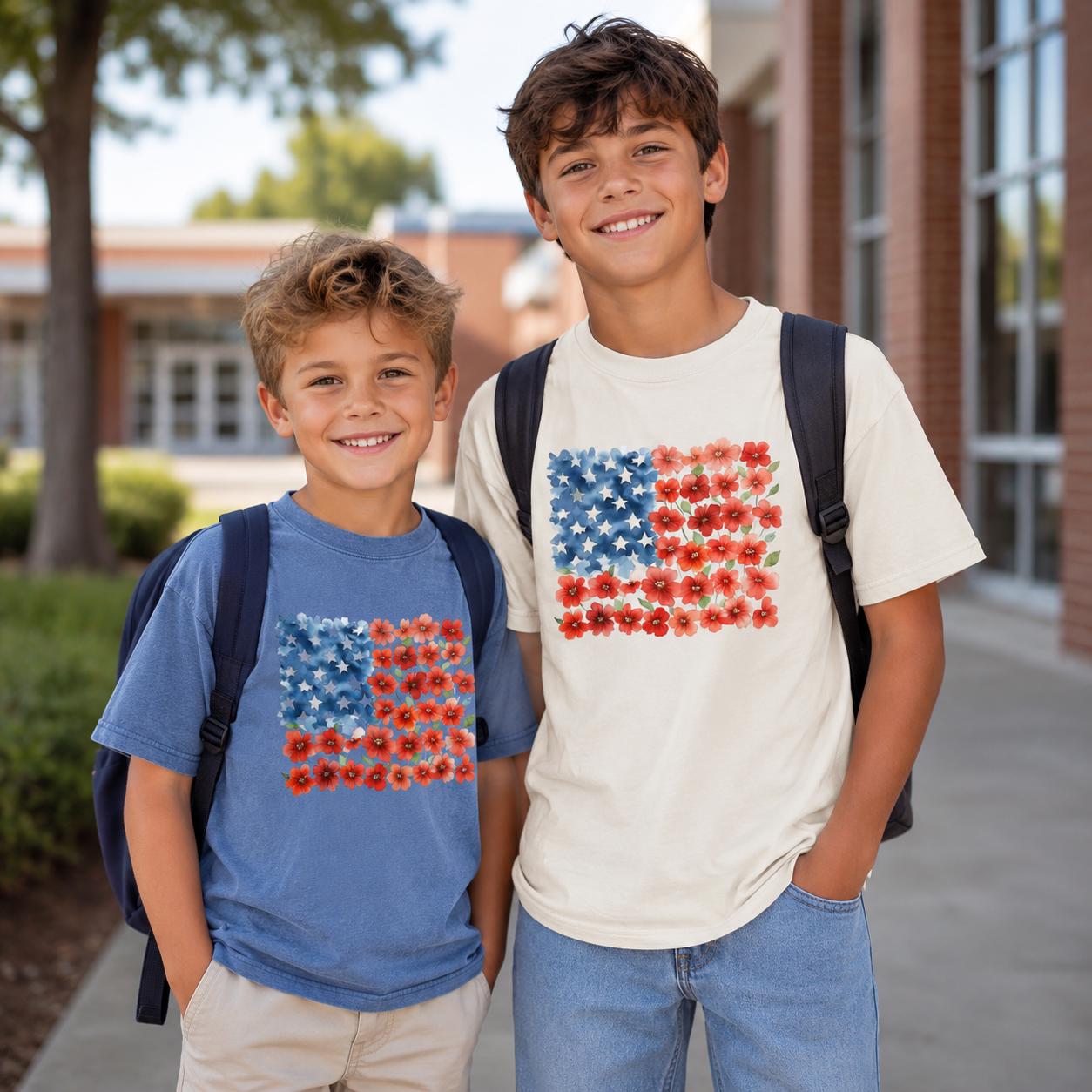 Floral American Flag Shirt, Patriotic Flower Tee, Comfort Colors 1717 USA Flag