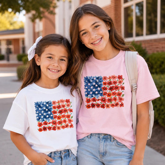 Floral American Flag Shirt, Patriotic Flower Tee, Comfort Colors 1717 USA Flag