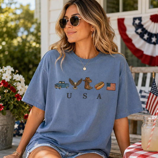 USA Icons Comfort Colors Tee, Vintage Truck Cowgirl Boots Patriotic Shirt