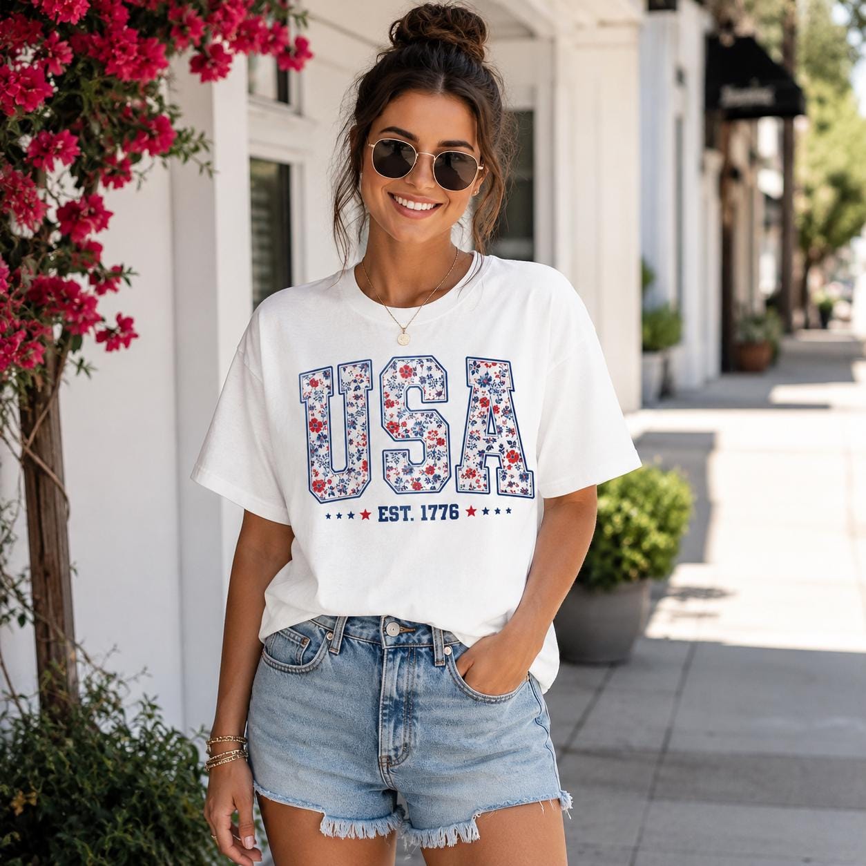 Floral USA Graphic Tee, Patriotic Summer Shirt, America Est 1776 Apparel