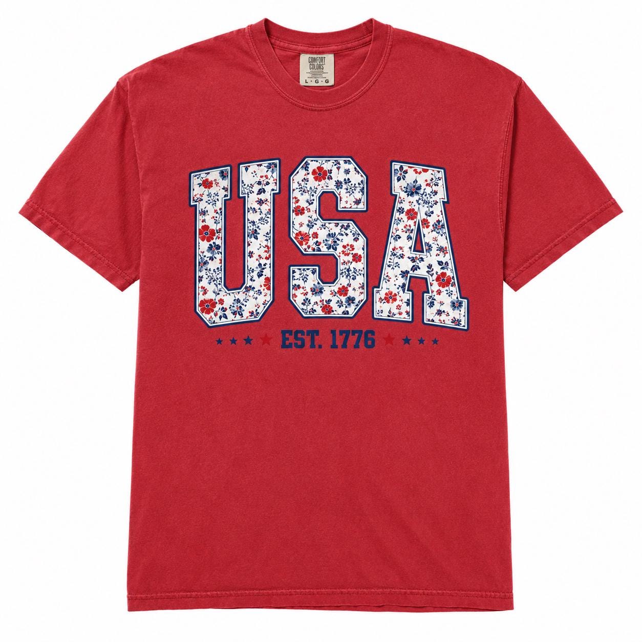 Floral USA Graphic Tee, Patriotic Summer Shirt, America Est 1776 Apparel