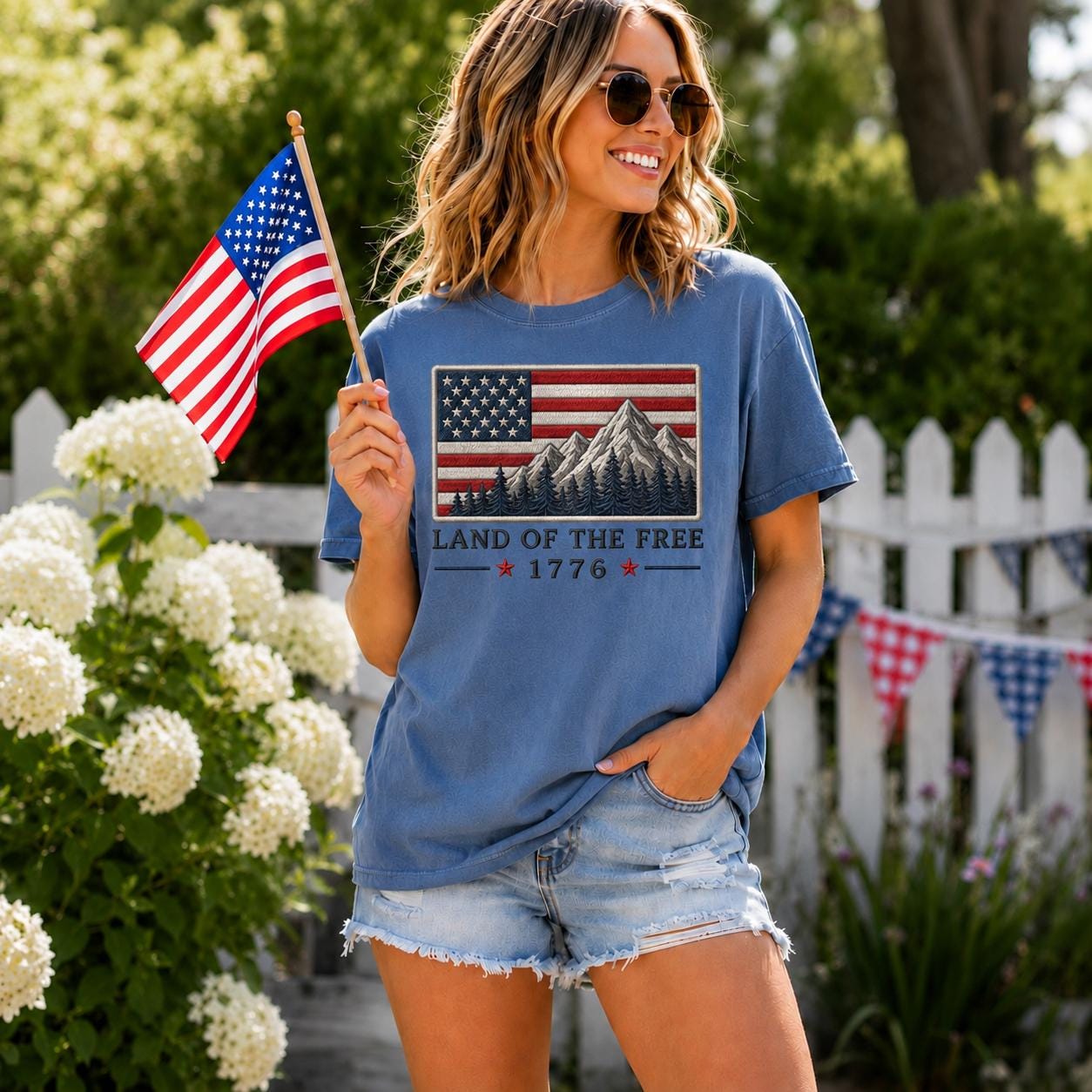 Comfort Colors USA Flag Mountain Landscape Tee, Land of the Free Patriotic Shirt