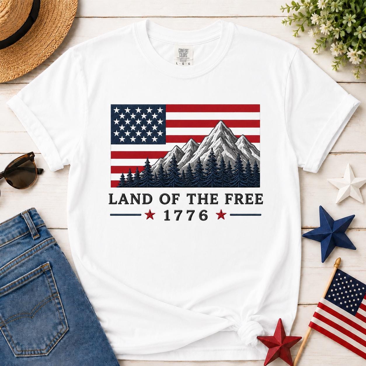 Comfort Colors USA Flag Mountain Landscape Tee, Land of the Free Patriotic Shirt