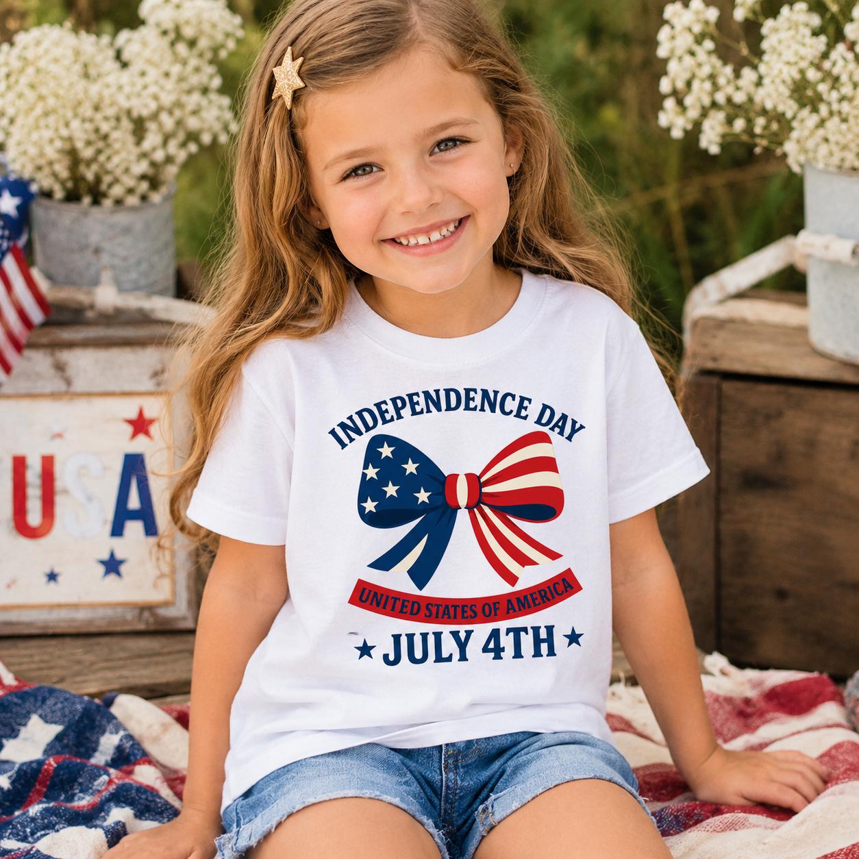 Youth Floral USA Independence Day T-Shirt, America Est 1776 Patriotic Tee
