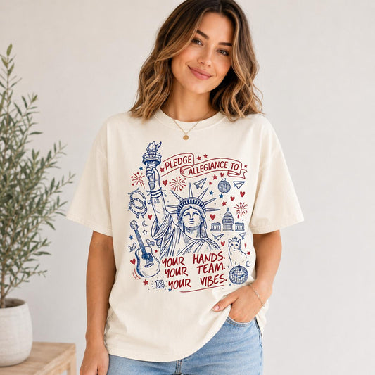 Patriotic Statue of Liberty Graphic Tee, Pledge Allegiance USA Summer Shirt