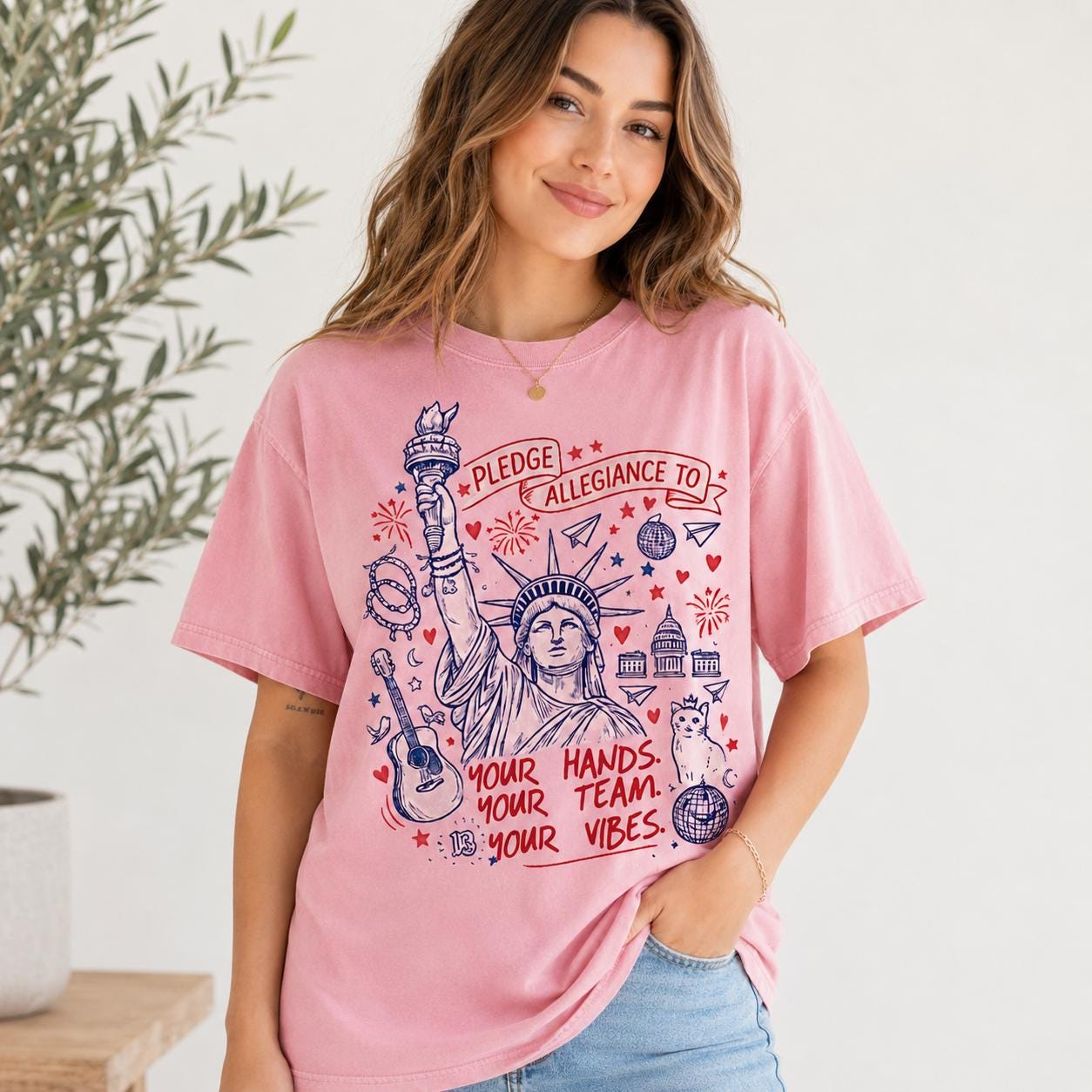 Patriotic Statue of Liberty Graphic Tee, Pledge Allegiance USA Summer Shirt