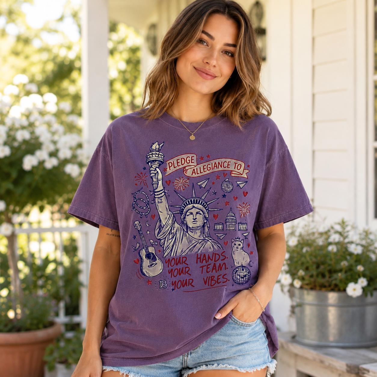 Patriotic Statue of Liberty Graphic Tee, Pledge Allegiance USA Summer Shirt