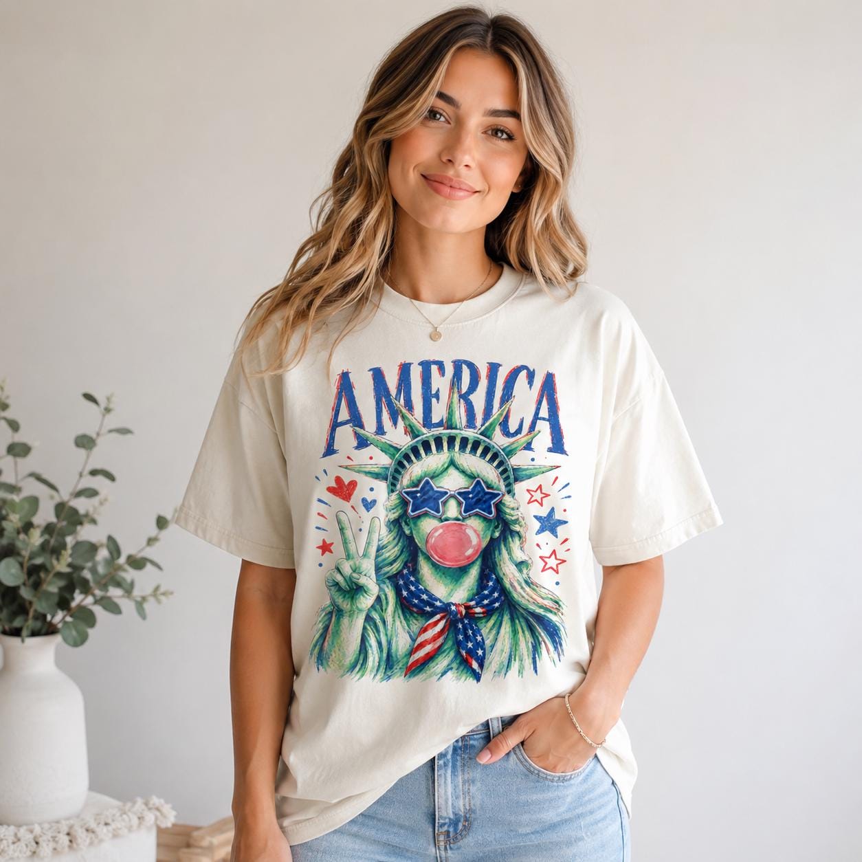 Comfort Colors Statue of Liberty Graphic Tee, Patriotic USA Bubble Gum America Shirt