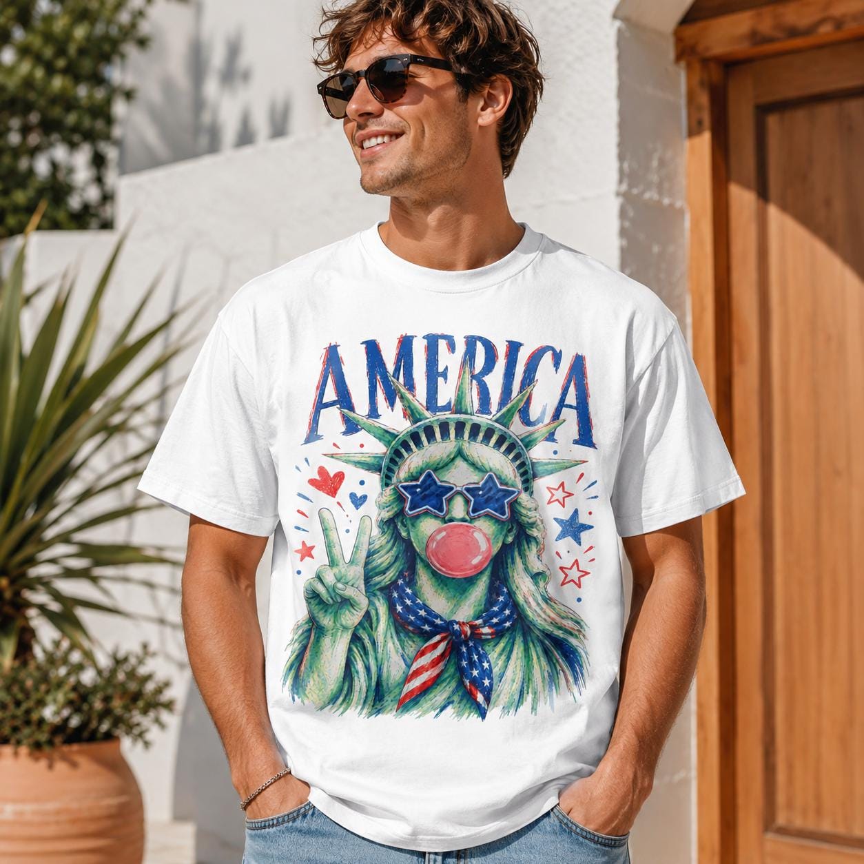 Comfort Colors Statue of Liberty Graphic Tee, Patriotic USA Bubble Gum America Shirt