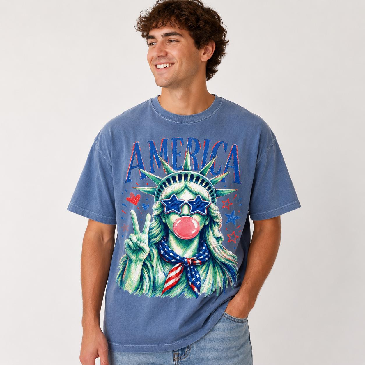 Comfort Colors Statue of Liberty Graphic Tee, Patriotic USA Bubble Gum America Shirt