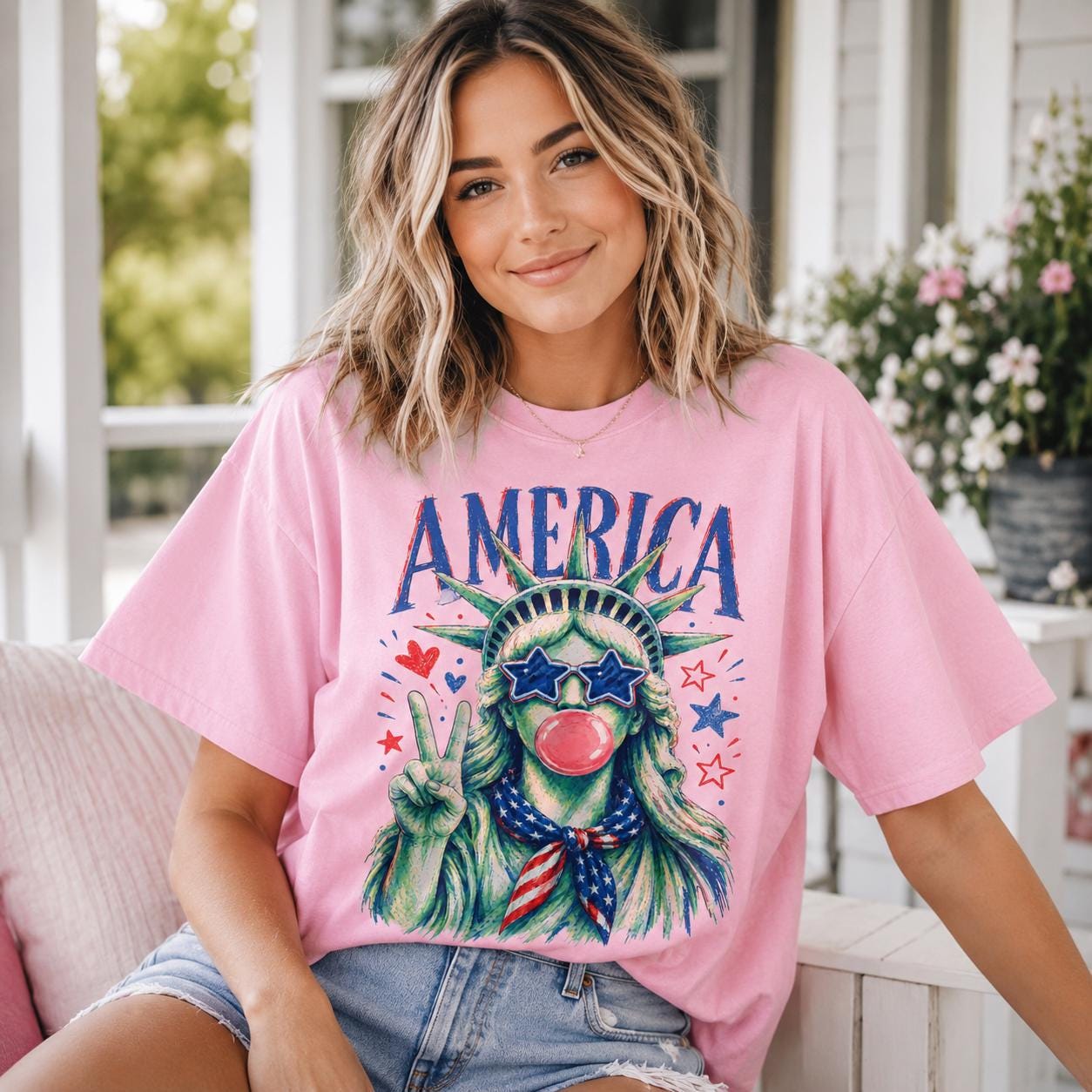 Comfort Colors Statue of Liberty Graphic Tee, Patriotic USA Bubble Gum America Shirt
