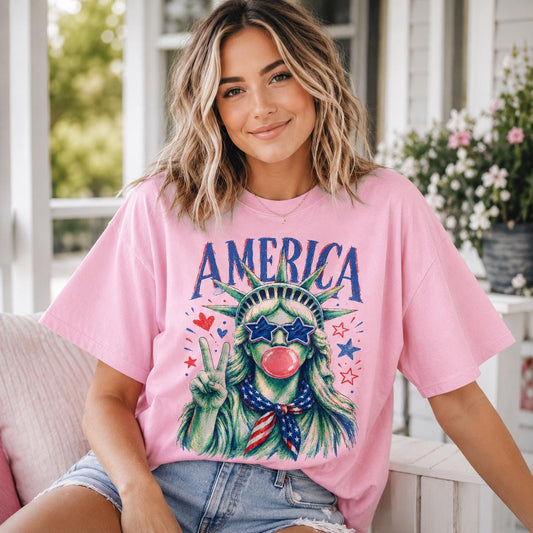 Comfort Colors Statue of Liberty Graphic Tee, Patriotic USA Bubble Gum America Shirt