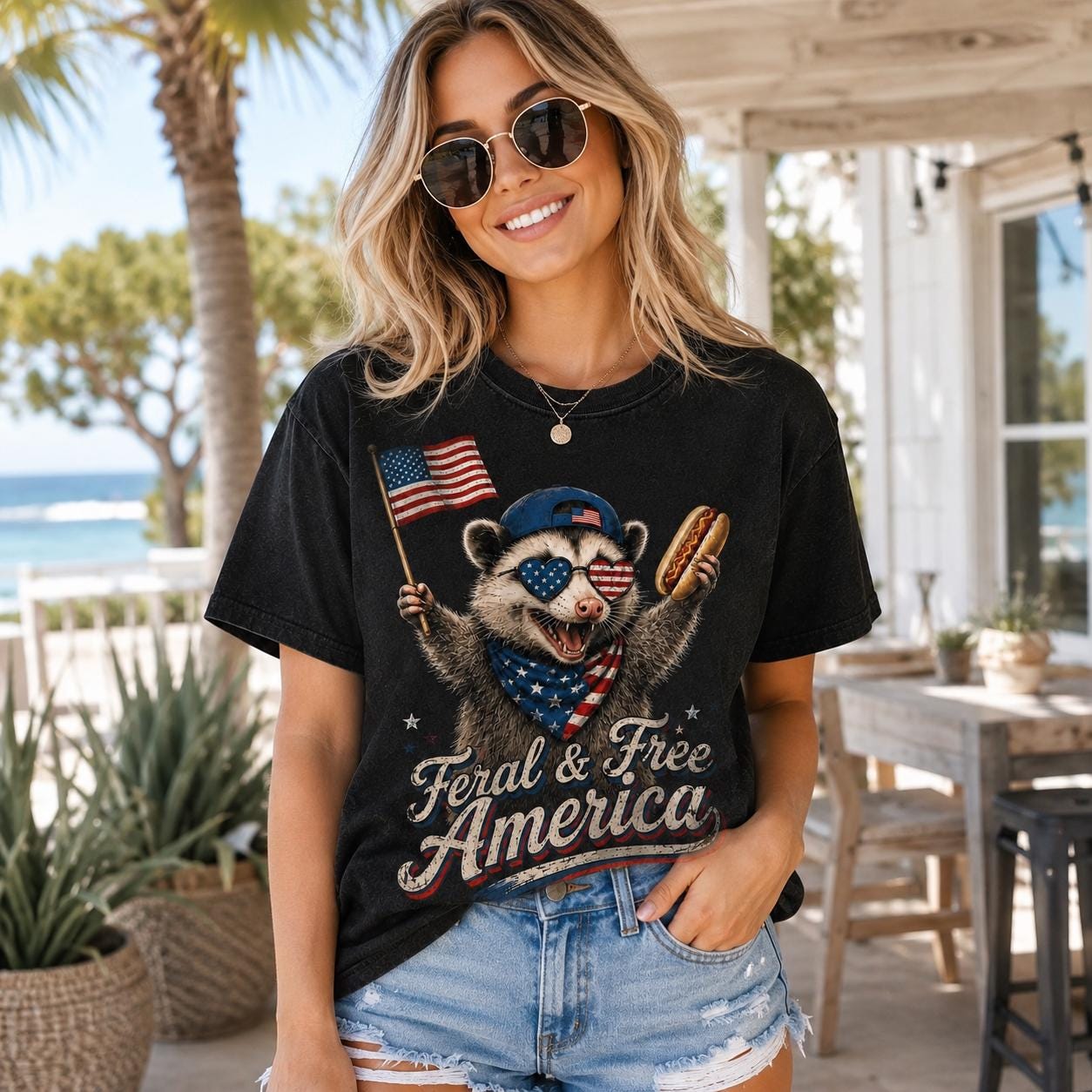 Feral America Opossum Shirt, Comfort Colors 4th July Tee, Patriotic Raccoon BBQ Shirt