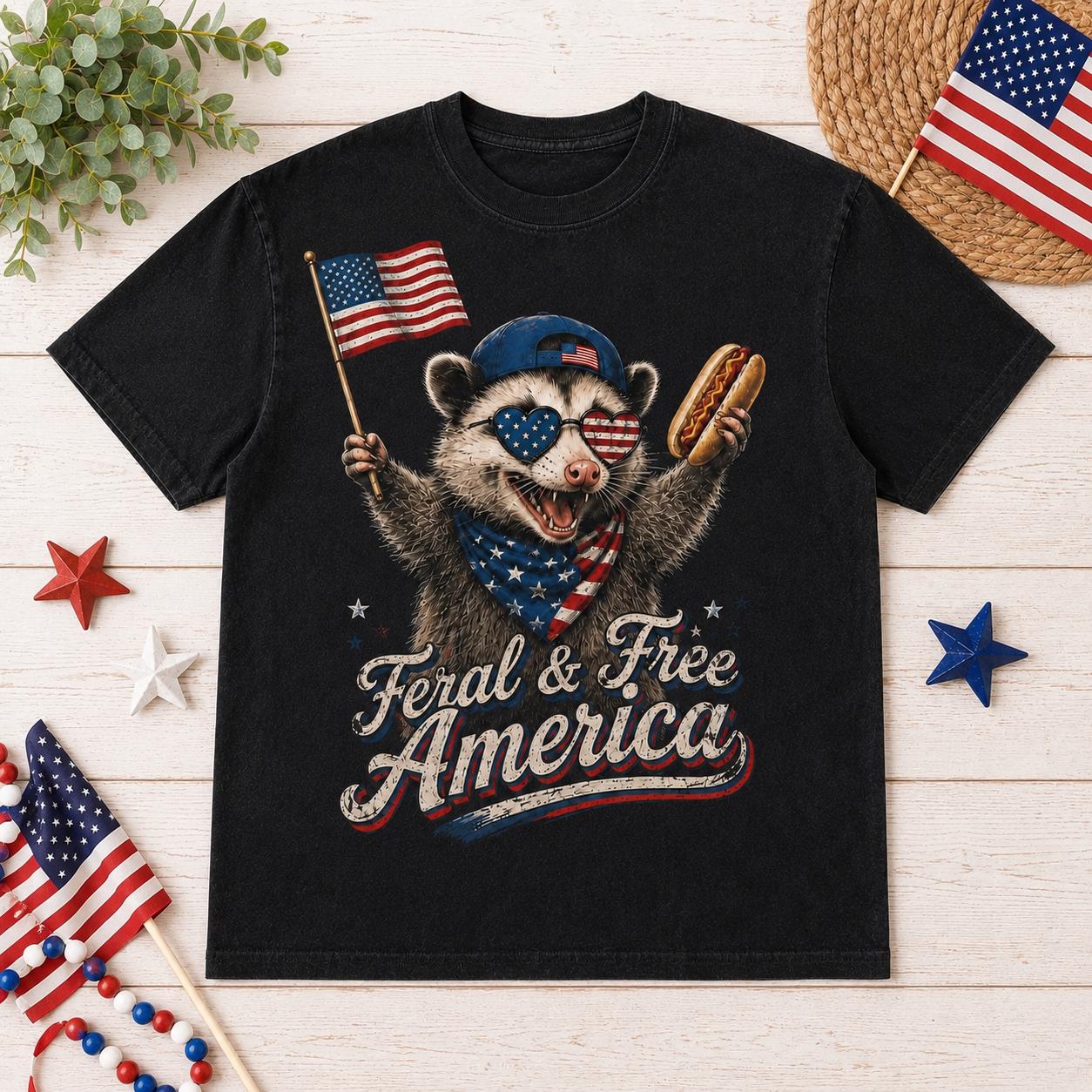 Feral America Opossum Shirt, Comfort Colors 4th July Tee, Patriotic Raccoon BBQ Shirt