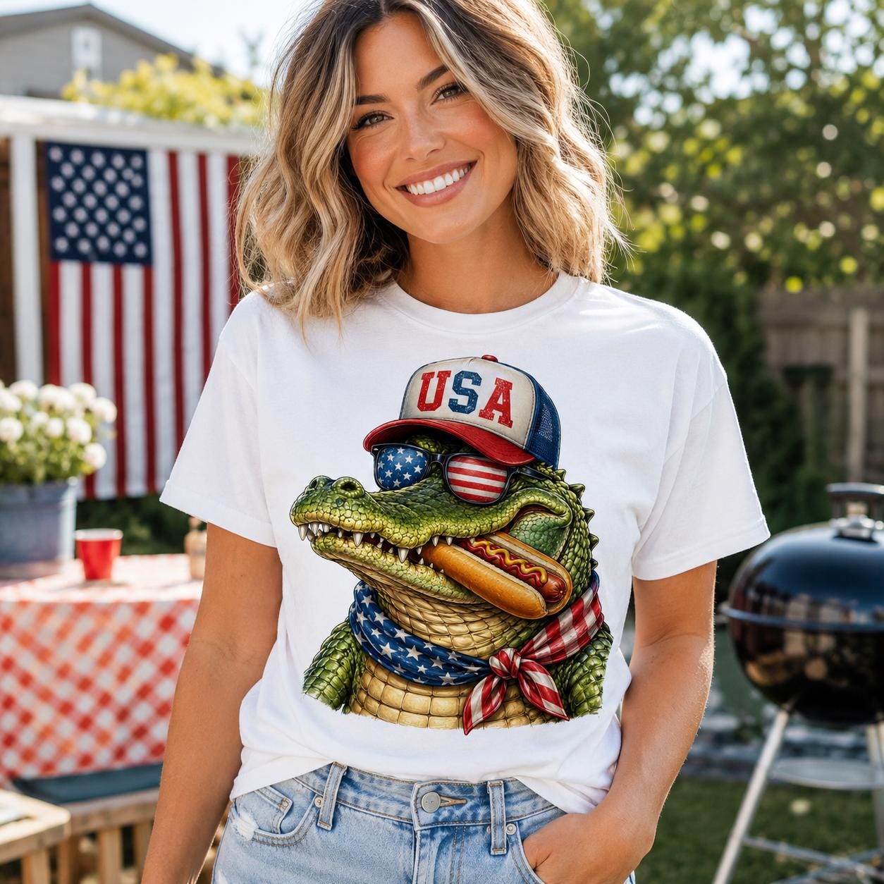 Patriotic Alligator Hotdog Comfort Colors Tee, USA Summer BBQ Shirt