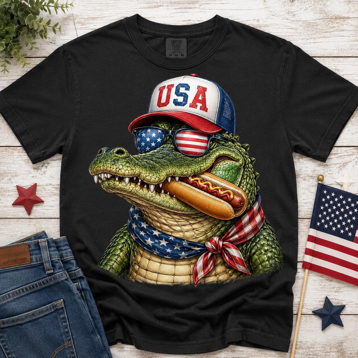 Patriotic Alligator Hotdog Comfort Colors Tee, USA Summer BBQ Shirt