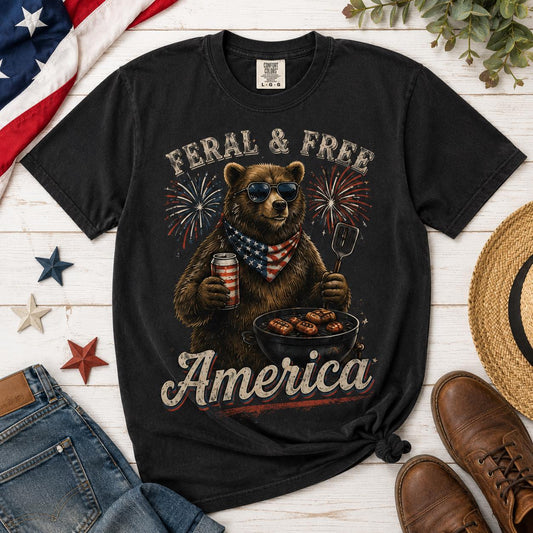 Feral & Free America Bear Shirt, Comfort Colors Patriotic BBQ Tee