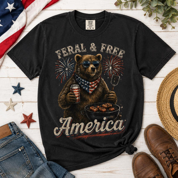 Feral & Free America Bear Shirt, Comfort Colors Patriotic BBQ Tee