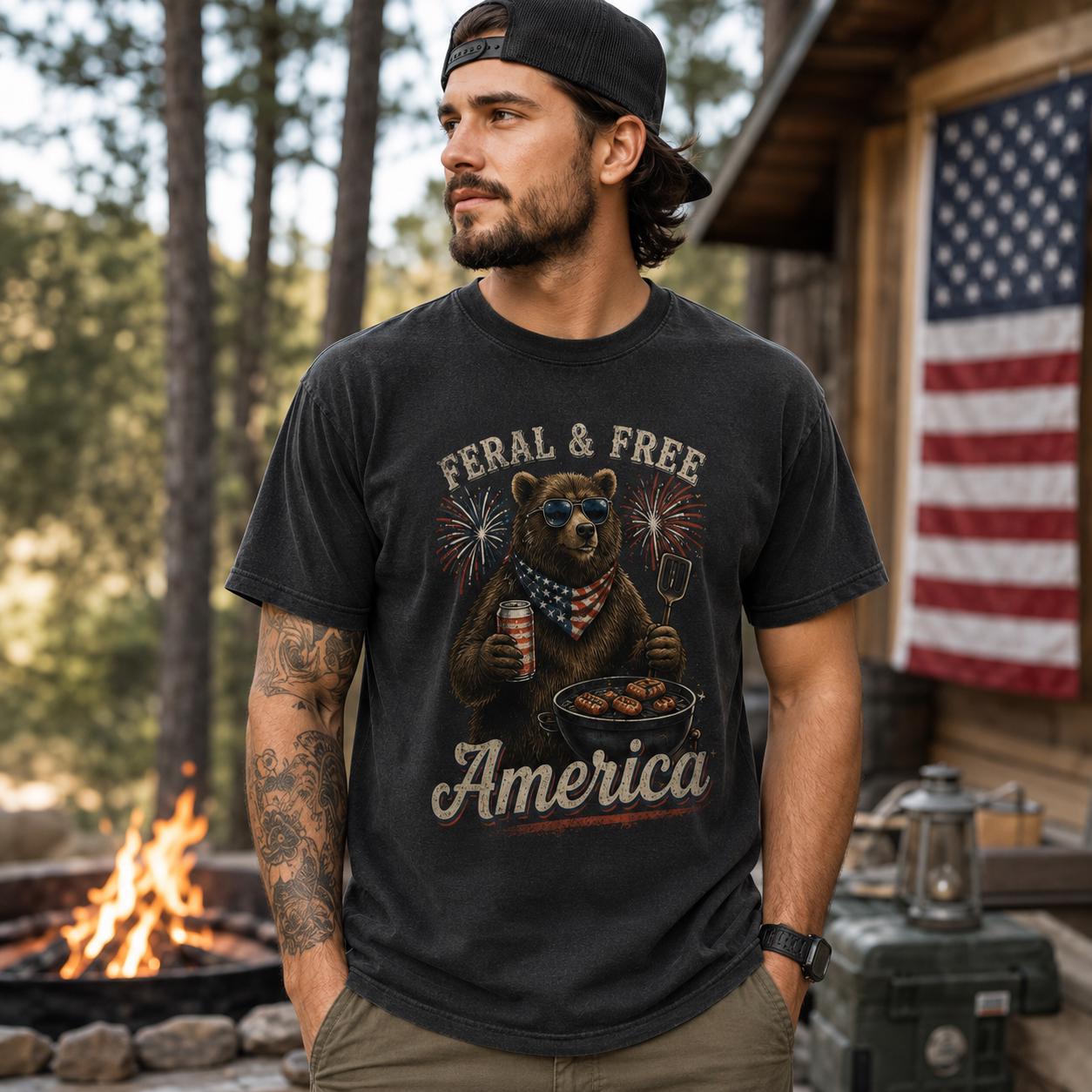 Feral & Free America Bear Shirt, Comfort Colors Patriotic BBQ Tee