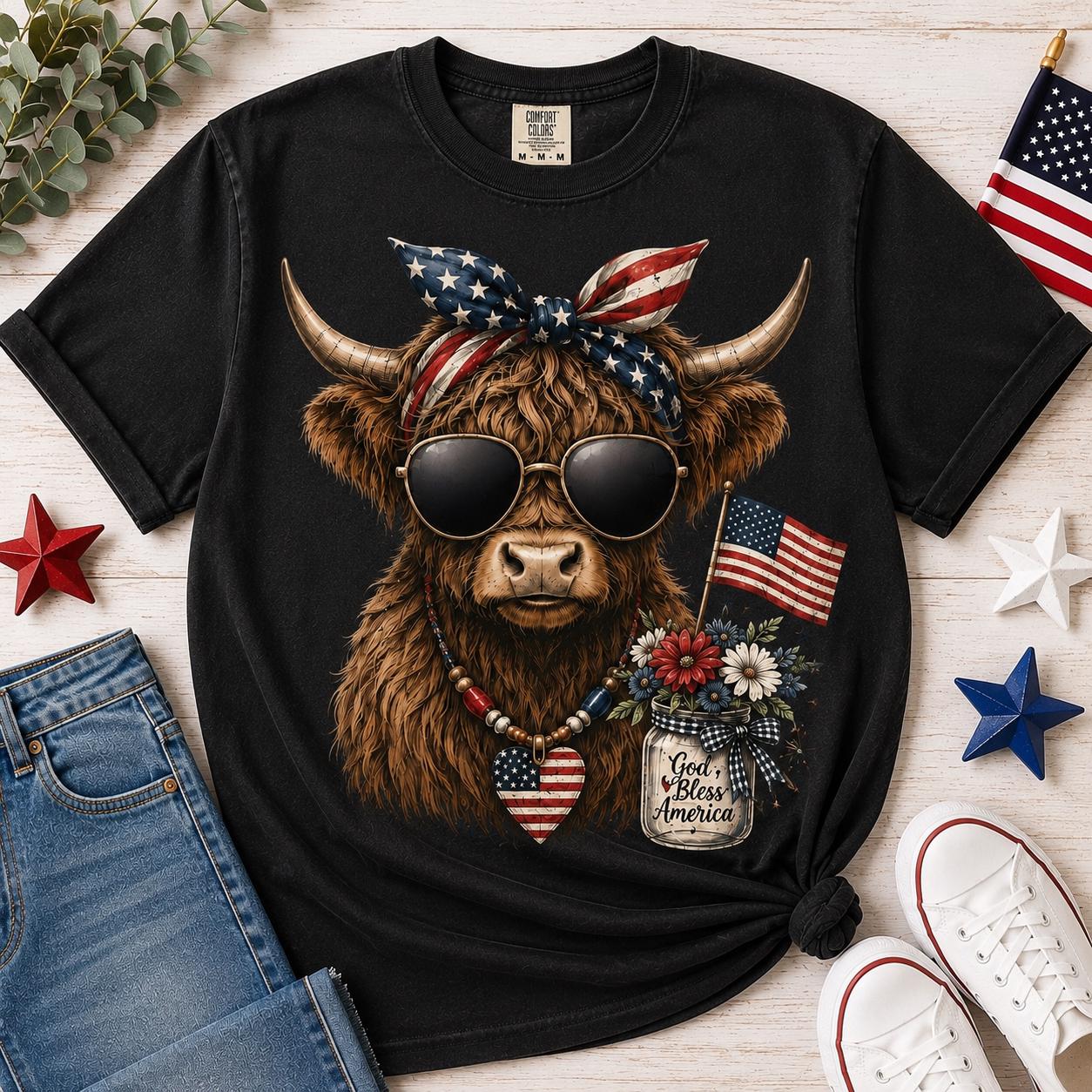 Highland Cow Patriotic T-Shirt, Comfort Colors 4th of July USA Tee
