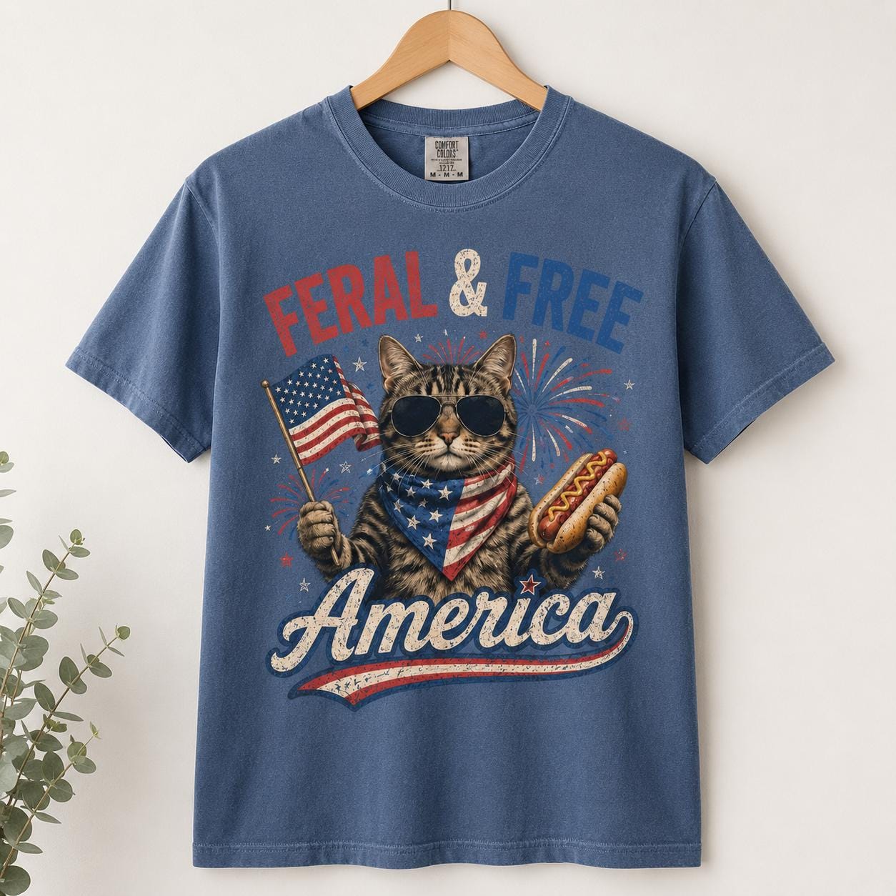 Feral & Free Cat America Shirt, Comfort Colors Patriotic Hotdog Tee