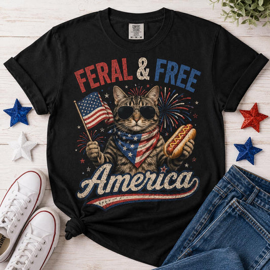 Feral & Free Cat America Shirt, Comfort Colors Patriotic Hotdog Tee