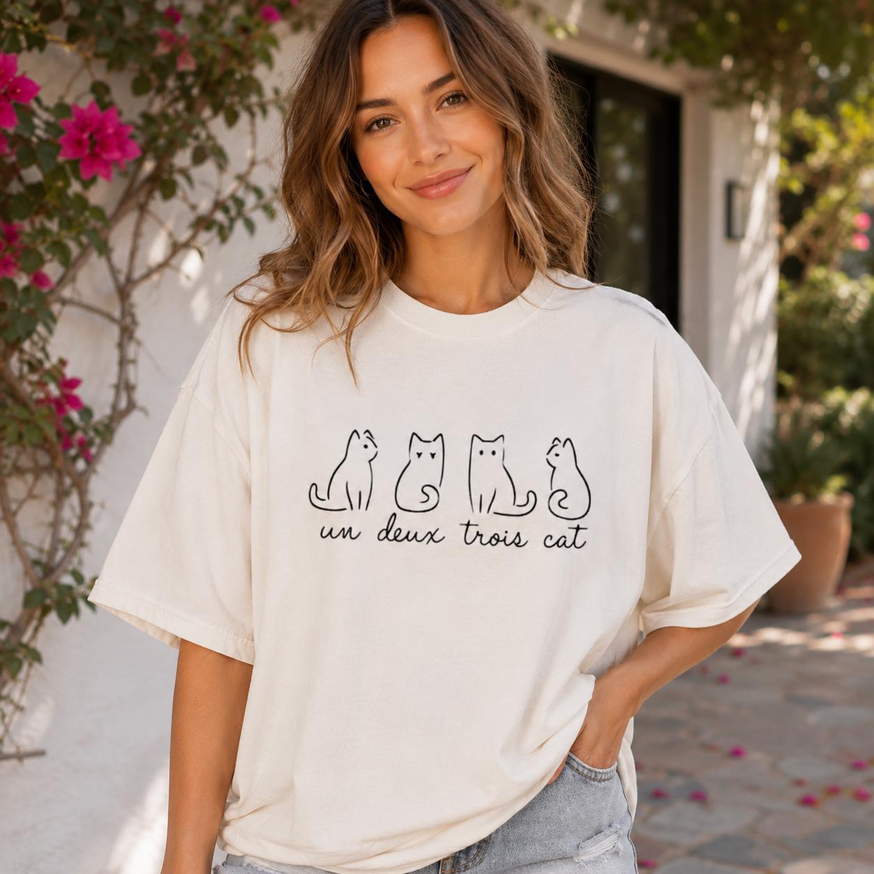Un Deux Trois Cat Shirt, Minimalist French Cat Lover Tee, Comfort Colors 1717