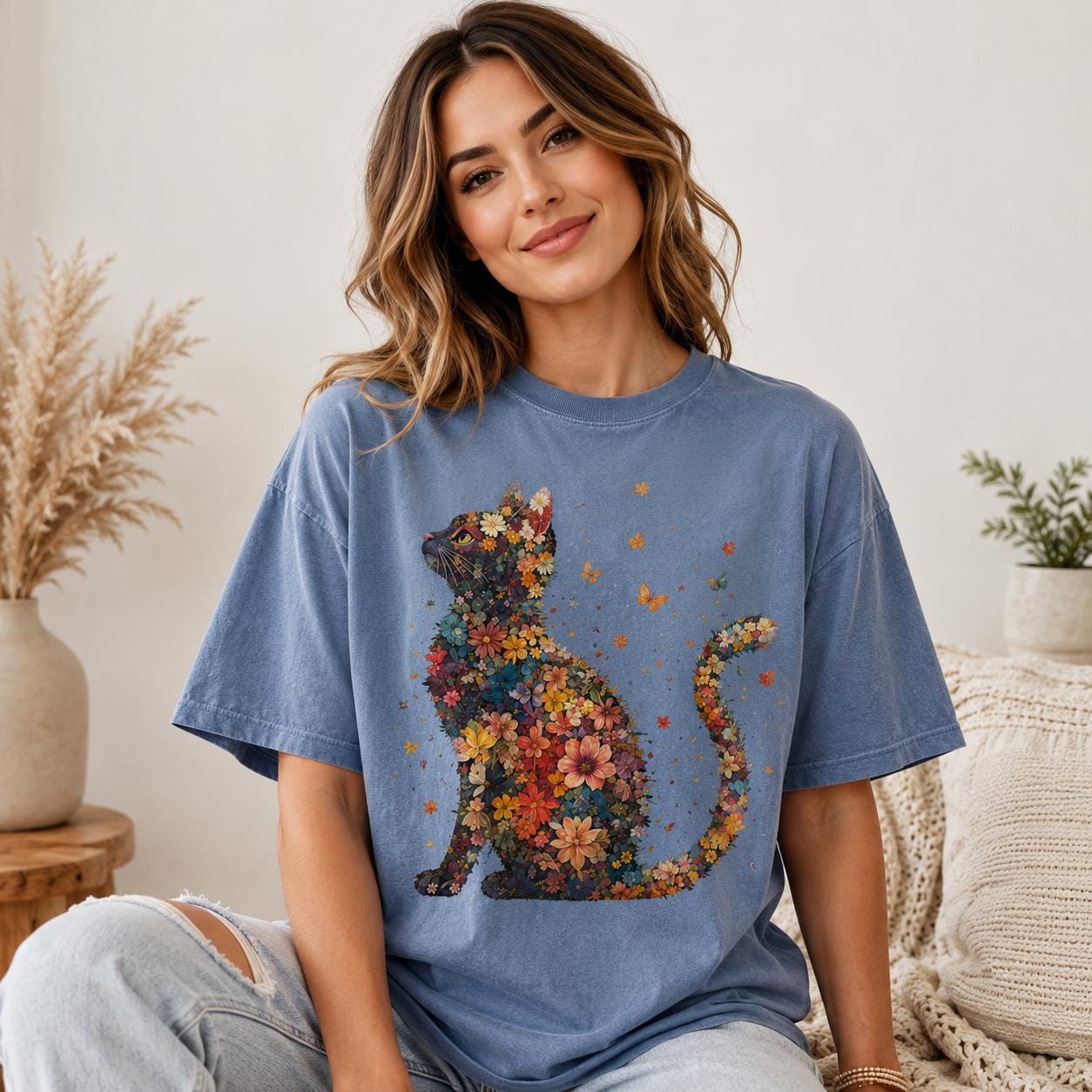 Botanical Cat Silhouette T-Shirt, Wildflower Floral Animal Tee
