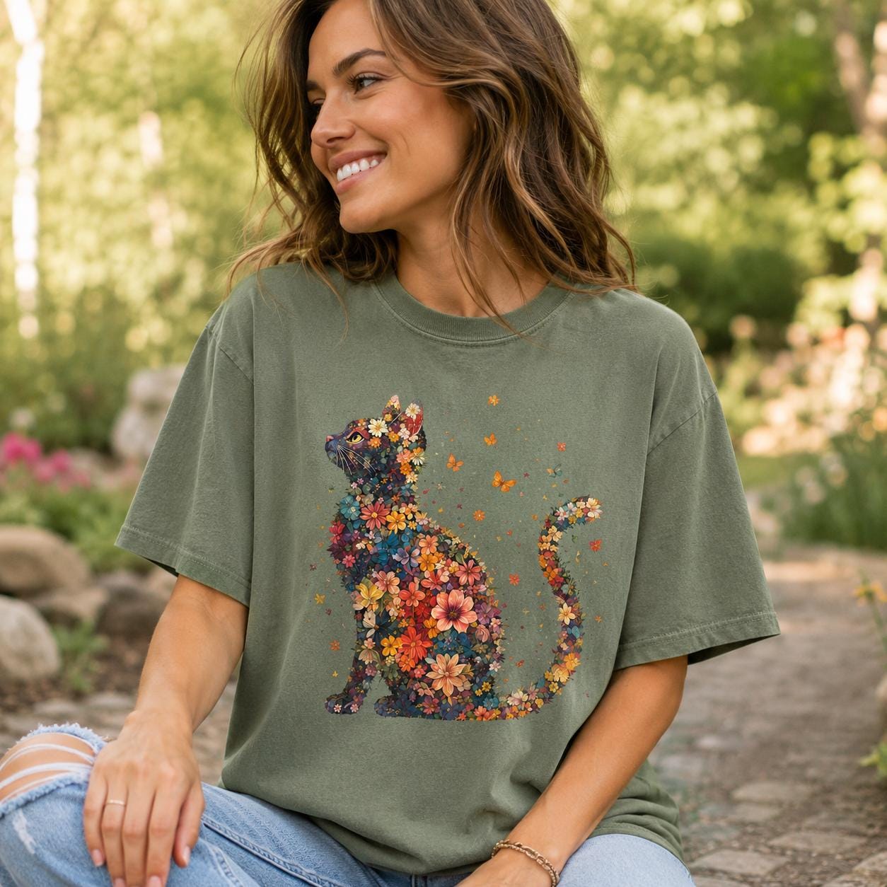 Botanical Cat Silhouette T-Shirt, Wildflower Floral Animal Tee