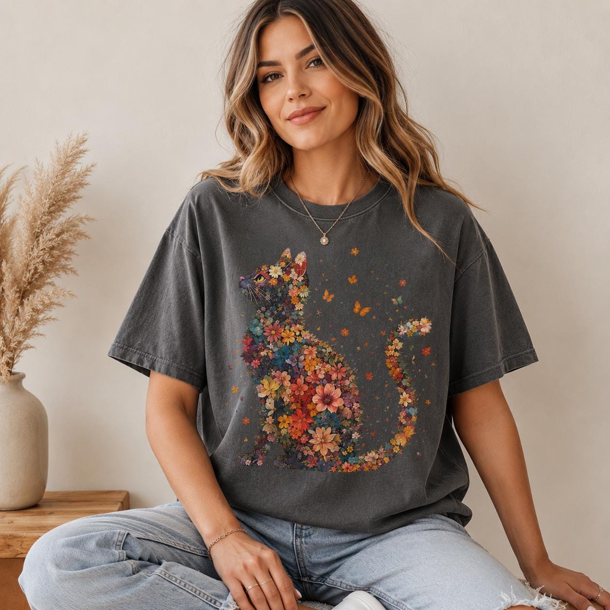 Botanical Cat Silhouette T-Shirt, Wildflower Floral Animal Tee