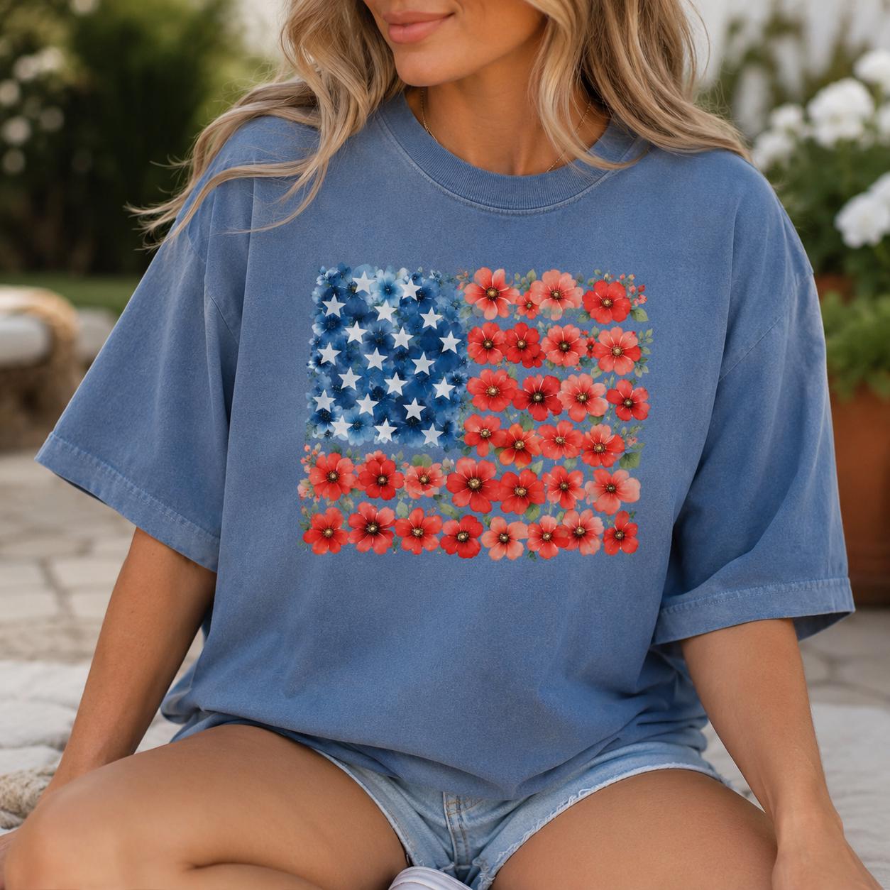 Floral American Flag Shirt, Patriotic Flower Tee, Comfort Colors 1717 USA Flag