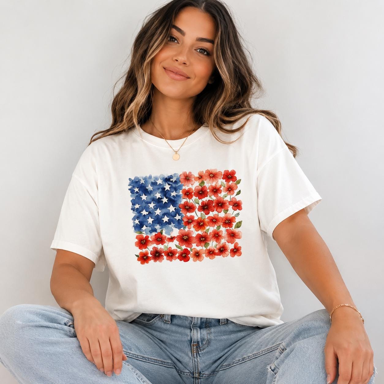 Floral American Flag Shirt, Patriotic Flower Tee, Comfort Colors 1717 USA Flag